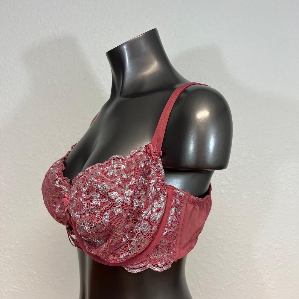 Cacique Bra Underwire Lace Up Detail Metallic Pink Silver Milkmaid 44D - Picture 2 of 5